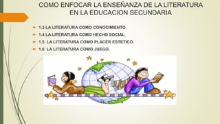 COMO ENFOCAR LA ENSEÑANZA DE LA LITERATURA
EN LA EDUCACION SECUNDARIA
 1.3 LA LITERATURA COMO CONOCIMIENTO.
 1.4 LA LITERATURA COMO HECHO SOCIAL.
 1.5 LA LITERATURA COMO PLACER ESTETICO.
 1.6 LA LITERATURA COMO JUEGO.
 