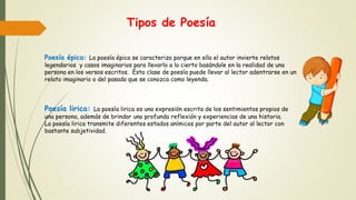 Tipos de Poesía
Poesía épica: La poesía épica se caracteriza porque en ella el autor invierte relatos
legendarios y casos imaginarios para llevarlo a lo cierto basándole en la realidad de una
persona en los versos escritos. Esta clase de poesía puede llevar al lector adentrarse en un
relato imaginario o del pasado que se conozca como leyenda.
Poesía lirica: La poesía lirica es una expresión escrita de los sentimientos propios de
una persona, además de brindar una profunda reflexión y experiencias de una historia.
La poesía lirica transmite diferentes estados anímicos por parte del autor al lector con
bastante subjetividad.
 