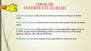 TIPOS DE
INTERTEXTUALIDAD
1.Intratextualidad, o relación de un texto con otros escritos por el mismo
autor
2. Extratextualidad, o relación de un texto con otros no escritos por el mismo
autor.
3. Interdiscursividad, según Cesare Segre, o intermedialidad, según Heinrich
F. Plett, es una relación semiológica entre un texto literario y otras artes
(pintura, música, cine, canción etcétera).
4. Metatextualidad es la relación crítica que tiene un texto con otro.
 