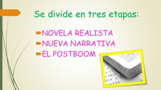 Se divide en tres etapas:
NOVELA REALISTA
NUEVA NARRATIVA
EL POSTBOOM
 