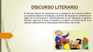 El discurso literario se caracteriza por el predominio de la función poética,
que expresa belleza en el lenguaje, y la forma del lenguaje se convierte en el
objeto de la comunicación. Tradicionalmente se han distinguido 3 géneros
literarios, estos son la lírica, la narrativa y el drama. La función de los 3 es
expresar estéticamente la interpretación del hombre y del mundo.
 