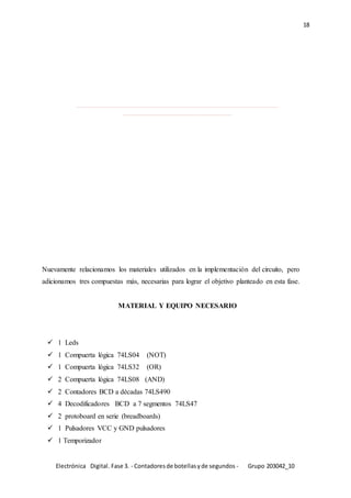 Electrónica Digital. Fase 3. - Contadoresde botellasyde segundos - Grupo 203042_10
18
____________________________________________________________________________
_________________________________________
Nuevamente relacionamos los materiales utilizados en la implementación del circuito, pero
adicionamos tres compuestas más, necesarias para lograr el objetivo planteado en esta fase.
MATERIAL Y EQUIPO NECESARIO
 1 Leds
 1 Compuerta lógica 74LS04 (NOT)
 1 Compuerta lógica 74LS32 (OR)
 2 Compuerta lógica 74LS08 (AND)
 2 Contadores BCD a décadas 74LS490
 4 Decodificadores BCD a 7 segmentos 74LS47
 2 protoboard en serie (breadboards)
 1 Pulsadores VCC y GND pulsadores
 1 Temporizador
 