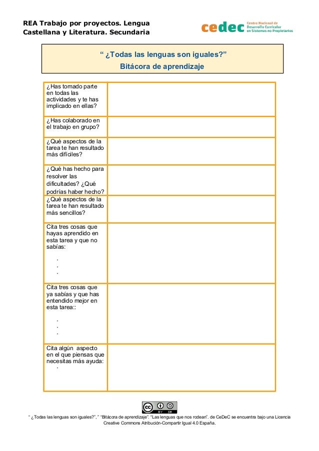 REA Trabajo por proyectos. Lengua
Castellana y Literatura. Secundaria
“ ¿Todas las lenguas son iguales?”
Bitácora de apren...