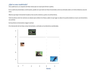 ¿Qué es una cuadrícula?
Una cuadricula es un conjunto de líneas rectas que se cruzan para formar cuadros.

En la cuadricula presentada a continuación, puedes ver que tanto las líneas horizontales como las verticales están a la misma distancia unas de
otras

Observa que bajo la horizontal trazada se han escrito números y junto a la vertical letras.

Tanto las letras como los números se colocan para ordenar las líneas y saber en que lugar se ubican los puntos donde se cruzan una horizontal y
una vertical.

Se lee primero la horizontal y luego la vertical

A la intersección de las líneas rectas horizontales y verticales se las denomina coordenadas.

                                                                      .
            e
                                                                      .

            d                                     .
                     ………………………………………………………………………………………………………………..
                                                                                                .
                                                                      .
                                                                                                .
                                                                      .
            c                                                                                   .
                                                                      .
                                                                                                .
                                                                      .
                                                                                                .
            b                                                         .
                                                                                                .
                                                                      .
                                                                                                .
                                                                      .
            a
                                                                                                .
                                                                      .


                 0        1                2             3            4              5
                                                                      Sexto
 