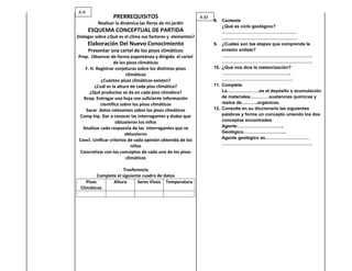 A.A
                 PRERREQUISITOS                             A.M
                                                                  8. Conteste
          Realizar la dinámica las flores de mi jardín
                                                                      ¿Qué es ciclo geológico?
      ESQUEMA CONCEPTUAL DE PARTIDA                                   ……………………………………………
Dialogar sobre ¿Qué es el clima sus factores y elementos?             ……………………………………………
      Elaboración Del Nuevo Conocimiento                          9. ¿Cuáles son las etapas que comprende la
      Presentar una cartel de los pisos climáticos                    erosión enliste?
Prep. Observar de forma espontánea y dirigida el cartel               …………………………………………………….
                  de los pisos climáticos                             …………………………………………………….
   F. H. Registrar conjeturas sobre los distintos pisos           10. ¿Qué nos dice la meteorización?
                         climáticos                                   ………………………………………..
           ¿Cuántos pisos climáticos existen?                         …………………………………………
        ¿Cuál es la altura de cada piso climático?                11. Complete
      ¿Qué productos se da en cada piso climático?                    La………………….es el depósito o acumulación
  Rcop. Entregar una hoja con suficiente información                  de materiales………….sustancias químicas y
           científica sobre los pisos climáticos                      restos de………..orgánicos.
   Sacar datos relevantes sobre los pisos climáticos              12. Consulte en su diccionario las siguientes
 Comp hip. Dar a conocer las interrogantes y dudas que                palabras y forme un concepto uniendo los dos
                   obtuvieron los niños                               conceptos encontrados
  Analizar cada respuesta de las interrogantes que se                 Agente…………………………..
                        obtuvieron                                    Geológico………………………..
                                                                      Agente geológico es…………………………
Concl. Unificar criterios de cada opinión obtenida de los
                                                                      …………………………………………………….
                            niños
 Concretizar con los conceptos de cada uno de los pisos
                         climáticos

                      Trasferencia
          Complete el siguiente cuadro de datos
    Pisos        Altura      Seres Vivos Temperatura
 Climáticos
 