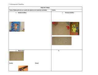 5. Información Científica

                                                      Hoja de Trabajo
 Tema: Elaboración de un cuadro de adorno con material reciclable       Fecha:
           i.   Diseño Gráfico                                                        i.   Proceso Gráfico




           j.   Materiales                                                       k.




Cartón                                      Pincel
 
