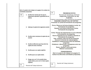 Abrir el cuaderno de trabajo en la pagina 15 y realizar las
actividades propuestas
                                                               AA                  PRERREQUISITOS
 AM         1. Escribo tres razones por las que es                          Revisión del Aprendizaje Autónomo
               importante aprender la gramática de un                        ESQUEMA CONCEPTUAL DE
               idioma                                                                   PARTIDA
                                                              Explorar conocimientos sobre formulación de preguntas
                                                                   ESQUEMA CONCEPTUAL DE PARTIDA
                                                               Presentar un cartel de formulación de preguntas

                                                                Percp. Observar de forma dirigida el cartel de
            2. Subrayo el sujeto de la siguiente oración                 formulación de preguntas
                                                                   Realizar una lectura silenciosa el tema
                                                                         formulación de preguntas

                                                               Comp. Asociar las experiencias si se ha utilizado
                                                                         la formulación de preguntas
                                                                 Hacer preguntas de sus nombres utizando la
            3. Escribo como reconozco el sujeto de una
                                                                          formulación de preguntas
               oración
                                                                  Inter. Analizar cada una de las preguntas
                                                                    Conocer la función de cada pregunta
                                                                Establecer comparaciones entre las distintas
                                                                                   preguntas
            4. Escribo la diferencia que hay entre los          Establecer diferencias y semejanzas entre las
               sujetos de estas oraciones                                          preguntas
                                                                      Reacc. Realizar varios ejercicios
                                                                             Obtener conclusiones
            5. Escribo que es un sujeto explícito
                                                                                TRANSFERENCIA
                                                                 Abrir el cuaderno de trabajo en la pagina 12
            6. Escribo que es un sujeto tácito                  realizar las diferentes actividades propuestas


            7. Pongo una x en T si la oración tiene
               sujeto tácito y una x en E si tiene sujeto
               explícito
                                                                         Revisión del Trabajo Autónomo
                                                               AA
 AA
            Revisión del Trabajo Autónomo
 
