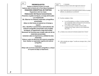 A.A
                       PRERREQUISITOS                              A.M15.         1. Conteste
                                                                          ¿Cómo se llama la teoría del origen del universo?
               Realizar la dinámica el barco se hunde
                                                                          ………………………………………………………………………….
      Explorar sobre la historia de la Tierra Época Geológica II          ………………………………………………………………………….
            ESQUEMA CONCEPTUAL DE PARTIDA                             16. ¿Qué teoría dice que el sol existió primero como un cuerpo
                    Diagnosticar sobre los mapas                          solitario, sin planetas en su entorno?
                                                                          ……………………………………………………………………………………….
            Elaboración Del Nuevo Conocimiento
                                                                          ………………………………………………………………………………………..
      Presentar un globo terráqueo, un mapa del Ecuador
                        y un mapamundi                                17. Escriba verdadero o falso
       Ob. Observar los distintos materiales cartográficos
                           presentados                                             La era Precámbrica se refiere al extenso periodo
        Ubicar al niño frente al material en el tiempo y                           que comprende desde la formación de las primeras
                                                                                   rocas hasta el origen de la vida (   )
                             espacio                                               La era Paleozoica es donde la Tierra estaba
       Desc. Identificar características sobresalientes del                        compuesta por fuego y gases de una temperatura
        material cartográfico presentado como el globo                             muy alta ( )
         terráqueo, el mapamundi y mapa del Ecuador
      Reconocer las funciones que cumple cada uno de los              18. ¿Cuántas eras existen de la historia natural de la Tierra?
                     materiales presentados
                                                                            ………………………………………………………._.
       Comentar sobre la importancia y utilidad de estos
                            materiales                                      ………………………………………………………….
      Elaborar cuadro de diferencias del material cartográfico
        Asoci. Realizar un organizador cognitivo del material         19. ¿Qué entiende por mapas ? escriba un concepto claro, y fácil
                             cartográfico                                 de entender

                            Trasferencia                                    ………………………………………………………..
      Dibuje cada uno de los materiales cartográficos y coloque
                en la parte de abajo su importancia                         ………………………………………………………..
Tie
 