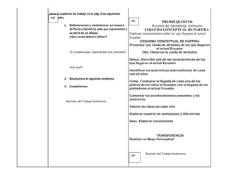 Sacar el cuaderno de trabajo en la pág. 6 las siguientes
actividades
 AM
                                                            AA                   PRERREQUISITOS
            1. Reflexionemos y contestemos. La maestra                     Revisión del Aprendizaje Autónomo
               de Paula y Daniel les pide que representen a            ESQUEMA CONCEPTUAL DE PARTIDA
               su perro en un dibujo.                       Explorar conocimientos sobre los que llegaron al actual
               ¿Qué escala debería utilizar?                Ecuador
                                                                   ESQUEMA CONCEPTUAL DE PARTIDA
                                                            Presentar una rueda de atributos de los que llegaron
                                                                              al actual Ecuador
               ¿Y si tuviera que representar una manzana?            Obs. Observar la rueda de atributos

                                                           Descp. Describir una de las características de los
                                                           que llegaron al actual Ecuador
                ¿Por qué?
                                                           Identificar características sobresalientes de cada
                                                           uno de ellos
            2. Resolvamos el siguiente problema
                                                           Comp. Comparar la llegada de cada uno de los
            3. Completemos                                 padres de los niños al Ecuador con la llegada de los
                                                           pobladores al actual Ecuador

                                                           Comentar los acontecimientos presentes y los
                                                           anteriores
             Revisión del Trabajo Autónomo
                                                           Valorar las ideas de cada niño

                                                           Elaborar cuadros de semejanzas y diferencias

                                                           Asoc. Elaborar conclusiones



                                                                            TRANSFERENCIA
                                                           Realizar un Mapa Conceptual



                                                                     Revisión del Trabajo Autónomo
                                                            AA
 