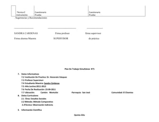 Técnica E               Cuestionario                                                   Cuestionario
  Instrumento              Prueba                                                         Prueba
. Sugerencias y Recomendaciones



------------------------                  -----------------------------------           --------------------

SANDRA CARDENAS                                    Firma profesor                      firma supervisor

Firma alumna Maestra                            SUPERVISOR                                de práctica




                                                              Plan De Trabajo Simultáneo N°5

    7. Datos Informativos
       7.2 Institución De Practica: Dr. Honorato Vásquez
       7.3 Profesor Supervisor:
       7.4 Estudiante Maestra: Sandra Cárdenas
       7.5 Año Lectivo:2011-2012
       7.6 Fecha De Realización: 23-09-2011
       7.7 Ubicación:       Cantón: Montufar                           Parroquia: San José                     Comunidad: El Chamizo
    8. Datos Curriculares
       2.1 Área: Estudios Sociales
       2.2 Método: Método Comparativo
       2.3Técnica: Observación Indirecta

    3. Información Científica

                                                                          Quinto Año
 