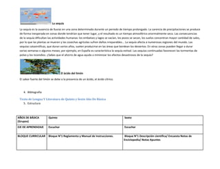 La sequía
 La sequía es la ausencia de lluvias en una zona determinada durante un periodo de tiempo prolongado. La carencia de precipitaciones se produce
 de forma inesperada en zonas donde tendrían que tener lugar, y el resultado es un tiempo atmosférico anormalmente seco. Las consecuencias
 de la sequía dificultan las actividades humanas: los embalses y lagos se vacían, los pozos se secan, los suelos concentran mayor cantidad de sales,
 por lo que las plantas se mueren y las cosechas agrícolas sufren daños irreparables... La sequía afecta a numerosas regiones del mundo. Las
 sequías catastróficas, que duran varios años, suelen producirse en las áreas que bordean los desiertos. En otras zonas pueden llegar a durar
 varias semanas o algunos meses; por ejemplo, en España es característica la sequía estival. Las sequías continuadas favorecen las tormentas de
 polvo y los incendios. ¿Sabes que el ahorro de agua ayuda a minimizar los efectos desastrosos de la sequía?




                                    El ácido del limón
 El sabor fuerte del limón se debe a la presencia de un ácido, el ácido cítrico.



    4. Bibliografía

 Texto de Lengua Y Literatura de Quinto y Sexto Año De Básica
   5. Estructura



AÑOS DE BÁSICA           Quinto                                                       Sexto
(Grupos)
EJE DE APRENDIZAJE       Escuchar                                                     Escuchar

BLOQUE CURRICULAR        Bloque N°1 Reglamento y Manual de Instrucciones.            Bloque N°1 Descripción científica/ Encuesta Notas de
                                                                                     Enciclopedia/ Notas Apuntes
 