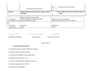 Revisión del Trabajo Autónomo
                                                                                                  AA
                                             Revisión del Trabajo Autónomo

         Recursos                  Hojas de trabajo, hojas de evaluación, ábaco, cuaderno                 Hojas de trabajo, Cartel, hojas de evaluación, cuaderno de
                                   de trabajo                                                                 trabajo


                                 Establece relaciones con cantidades
             Indicadores         Compara cantidades en ábaco con facilidad                      Realiza los ejercicios con facilidad
Evaluación




             Esenciales de logro Utiliza correctamente el ábaco                                 Conoce la secuencia de números con facilidad


              Técnica E           Cuestionario                                                  Cuestionario
             Instrumento          Prueba                                                        Prueba
       . Sugerencias y Recomendaciones




       ------------------------                  -----------------------------------        --------------------

       SANDRA CARDENAS                                    Firma profesor                Firma Srta. Directora



                                                                              Plan de Clase 8

                  1. DATOS INFORMATIVOS

       1.1-Institucion práctica: Escuela “Honorato Vásquez”

       1.2-Aluman Maestra: Sandra Cárdenas

       1.3- Profesor/a Orientadora: Lcda. Sandra Pozo

       1.4-Superaracion de práctica: Lcdo. ……………………..

       1.5- Años de educación básica: Quinto y Sexto año

       1.6- Fecha de realización:28 -09-2011

       2. AREA: CULTURA FÍSICA
 