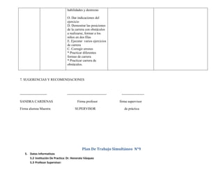 habilidades y destrezas

                                    O. Dar indicaciones del
                                    ejercicio
                                    D. Demostrar las posiciones
                                    de la carrera con obstáculos
                                    a realizarse, formar a los
                                    niños en dos filas
                                    E. Ejecutar varios ejercicios
                                    de carrera
                                    C. Corregir errores
                                    * Practicar diferentes
                                    formas de carrera
                                    * Practicar carrera de
                                    obstáculos.



7. SUGERENCIAS Y RECOMENDACIONES



------------------------           -----------------------------------    --------------------

SANDRA CARDENAS                             Firma profesor               firma supervisor

Firma alumna Maestra                     SUPERVISOR                         de práctica




                                                Plan De Trabajo Simultáneo N°9
    5. Datos Informativos
       5.2 Institución De Practica: Dr. Honorato Vásquez
       5.3 Profesor Supervisor:
 