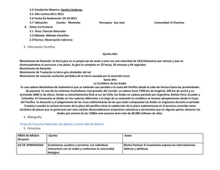 5.4 Estudiante Maestra: Sandra Cárdenas
       5.5 Año Lectivo:2011-2012
       5.6 Fecha De Realización: 03-10-2011
       5.7 Ubicación:       Cantón: Montufar                   Parroquia: San José                        Comunidad: El Chamizo
    6. Datos Curriculares
       2.1 Área: Ciencias Naturales
       2.2 Método: Método Científico
       2.3Técnica: Observación Indirecta

    3. Información Científica

                                                                 Quinto Año

 Movimiento de Rotación: la tierra gira en su propio eje de oeste a este con una velocidad de 29,8 kilómetros por minuto y que va
 disminuyéndose al acercarse a los polos. Su giro lo completa en 23 horas, 56 minutos y 44 segundos
 Movimiento de Rotación
 Movimiento de Traslación la tierra gira alrededor del sol
 Movimiento de nutación oscilación periódica de la tierra causada por la atracción lunar
                                                                       Sexto Año
                                                             La Cordillera de los Andes
  Es una cadena Montañosa de Sudamérica que se extiende casi paralela a la costa del Pacifico desde el cabo de hornos hasta las proximidades
      de panamá. Es uno de los sistemas montañosos más grandes del mundo. La cadena tiene 7200 km de longitud, 240 km de ancho y un
 promedio 3660 m de altura. Desde su estrechamiento final al sur de Chile, los Andes en cadena paralela por Argentina, Bolivia Perú, Ecuador y
   Colombia. En Venezuela se divide en tres cadenas diferentes a lo largo de su extensión la cordillera se levanta abruptamente desde la Costa
  del Pacifico la elevación y el plegamiento de las rocas sedimentarias de las que están compuestas los Andes se originaron durante el periodo
     Cretácico cuando la corteza terrestre de la placa del pacifico inicio la subducción de la placa sudamericana en el proceso conocido como
 tectónica de placas que se generaron por esta colisión desencadenaron erupciones volcánicas y terremotos que en algunas partes elevaron los
                                 Andes por encima de los 1500m este proceso duro más de 28.000 millones de años.
    4. Bibliografía

 Texto de Ciencias Naturales de Quinto y Sexto Año De Básica
   5. Estructura

AÑOS DE BÁSICA         Quinto                                                     Sexto
(Grupos)
EJE DE APRENDIZAJE     Ecosistemas acuático y terrestre: Los individuos           Bioma Pastizal: El ecosistema expresa las interrelaciones
                       interactúan con el medio y conforman la comunidad          bióticas y abióticas.
                       biológica
 