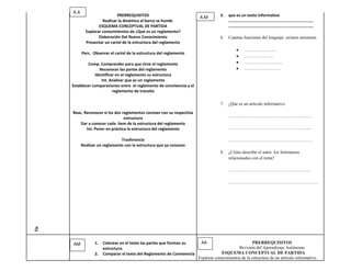 A.A
                               PRERREQUISITOS                             A.M         5.   que es un texto informativo
                       Realizar la dinámica el barco se hunde                              ………………………………………………………………………
                     ESQUEMA CONCEPTUAL DE PARTIDA                                         ………………………………………………………………………
              Explorar conocimientos de ¿Qué es un reglamento?
                     Elaboración Del Nuevo Conocimiento                               6.   Cuantas funciones del lenguaje existen enumerar.
              Presentar un cartel de la estructura del reglamento
                                                                                                   ………………….
            Perc. Observar el cartel de la estructura del reglamento
                                                                                                   ………………..
              Comp. Comprender para que sirve el reglamento                                        ……………………..
                    Reconocer las partes del reglamento                                            …………………….
                  Identificar en el reglamento su estructura
                     Int. Analizar que es un reglamento
      Establecer comparaciones entre el reglamento de convivencia y el
                            reglamento de transito

                                                                                      7.   ¿Qué es un articulo informativo
      Reac. Reconocer si los dos reglamentos constan con su respectiva
                                  estructura                                               …………………………………………………
          Dar a conocer cada ítem de la estructura del reglamento
             Int. Poner en práctica la estructura del reglamento                           …………………………………………….......

                                 Trasferencia                                              …………………………………………………
            Realizar un reglamento con la estructura que ya conocen
                                                                                      8.   ¿Cómo describe el autor los fenómenos
                                                                                           relacionados con el tema?

                                                                                           ………………………………………………..

                                                                                           …………………………………………………….
Tie




      AM           1.   Colorear en el texto las partes que forman su      AA                          PRERREQUISITOS
                        estructura.                                                            Revisión del Aprendizaje Autónomo
                   2.   Comparar el texto del Reglamento de Convivencia               ESQUEMA CONCEPTUAL DE PARTIDA
                                                                          Explorar conocimientos de la estructura de un articulo informativo
 