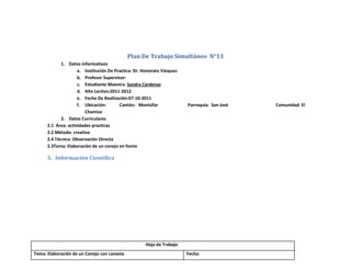 Plan De Trabajo Simultáneo N°13
             1. Datos Informativos
                     a. Institución De Practica: Dr. Honorato Vásquez
                     b. Profesor Supervisor:
                     c. Estudiante Maestra: Sandra Cárdenas
                     d. Año Lectivo:2011-2012
                     e. Fecha De Realización:07-10-2011
                     f. Ubicación:       Cantón: Montúfar               Parroquia: San José   Comunidad: El
                        Chamizo
             2. Datos Curriculares
      2.1 Área: actividades practicas
      2.2 Método: creativo
      2.4 Técnica: Observación Directa
      2.3Tema: Elaboración de un conejo en fomix

      5. Información Científica




                                                     Hoja de Trabajo
Tema: Elaboración de un Conejo con canasta                              Fecha:
 