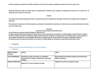 Durante esta época las hojas de los arboles cambian su color verde, se vuelven amarillentas, hasta que se secan y caen con la



 Ayuda del viento que sopla con mayor fuerza; es considerada la estación de las cosechas; la temperatura comienza a ser un poco fría ; es
 transición entre el verano y el invierno.

                                                                     Invierno

 Es la última de las cuatro estaciones del año y se caracteriza por tener temperaturas muy bajas. El invierno es transición entre el otoño y la
 primavera.

 El Ecuador por encontrarse en la línea ecuatorial, se presentan únicamente dos estaciones, el invierno que es una época de lluvias y el verano
 que es una época seca.

                                                                     Sexto Año
                                                   Estructura Interna y Externa del Planeta Tierra
 La tierra tiene una estructura interna dividida en capas que son:
 El núcleo, químicamente esta formado por níquel y hierro su parte más interna se encuentra en estado solido y su parte exterior es liquida.
 El manto, la parte mas inferior formada por magma sustancias de alta temperatura compuesta por roca fundida y gases y varios metales, la
 parte superior formada por rocas principalmente de sílice y magnesio que son las que expulsan durante las erupciones volcánicas.
 La corteza terrestre es la parte mas exterior, se encuentra en estado sólido, por minerales; es aquí donde se desarrolla la vida.


    4. Bibliografía

 Texto de Ciencias Naturales de Quinto y Sexto Año De Básica
   5. Estructura

AÑOS DE BÁSICA          Quinto                                                       Sexto
(Grupos)
EJE DE APRENDIZAJE     Ecosistemas acuático y terrestre: Los individuos              Bioma Pastizal: El ecosistema expresa las interrelaciones
                       interactúan con el medio y conforman la comunidad             bióticas y abióticas.
                       biológica
BLOQUE CURRICULAR                                                                    Bloque N°1 La Tierra un planeta con vida
                       Bloque N°1 La Tierra un planeta con vida
 