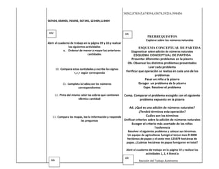 34562,876545,674594,43678,59216.598456

567834, 658903, 765092, 567345, 123409,123409



 AM                                                             AA
                                                                                  PRERREQUISITOS
                                                                                 Explorar sobre los números naturales
Abrir el cuaderno de trabajo en la página 09 y 10 y realizar
                las siguientes actividades                                ESQUEMA CONCEPTUAL DE PARTIDA
             a. Ordenar de menor a mayor las anteriores              Diagnosticar sobre adición de números naturales
                                cantidades                            ESQUEMA CONCEPTUAL DE PARTIDA
                                                                    Presentar diferentes problemas en la pizarra
                                                                 Ob. Observar los distintos problemas presentados
                                                                                 Leer cada problema
       10. Compara estas cantidades y escribe los signos
                    <,>,= según corresponda
                                                                Verificar que operación se realiza en cada uno de los
                                                                                     problemas
                                                                              Pasar un niño a la pizarra
            11. Completa la tabla con los números                         Escoger un problema de la pizarra
                       correspondientes                                      Expe. Resolver el problema

      12. Pinta del mismo color los sobres que contienen       Comp. Comparar el problema escogido con el siguiente
                        idéntica cantidad                               problema expuesto en la pizarra

                                                             Ad. ¿Qué es una adición de números naturales?
                                                                     ¿Tendrá términos esta operación?
    13. Compara los mapas, lee la información y responde                  Cuáles son los términos
                        las preguntas                    Unificar criterios sobre la adición de números naturales
                                                               Escoger el criterio más acertado de los niños
                                                                                        Trasferencia
                                                                  Resolver el siguiente problema y colocar sus términos.
                                                                  Un equipo de agricultores fumigó el tercer mes 213008
                                                                  hectáreas de papas y el sexto mes 123879 hectáreas de
                                                                 papas. ¿Cuántas hectáreas de papas fumigaron en total?

                                                                 Abrir el cuaderno de trabajo en la página 10 y realizar las
                                                                                 actividades 1, 2, 4 literal a
                                                                AA
  AA                                                                        Revisión del Trabajo Autónomo
 