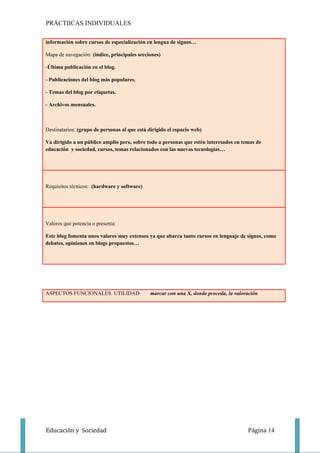 PRÁCTIICAS INDIVIDUALES

información sobre cursos de especialización en lengua de signos…

Mapa de navegación: (índice, principales secciones)

-Última publicación en el blog.

- Publicaciones del blog más populares.

- Temas del blog por etiquetas.

- Archivos mensuales.



Destinatarios: (grupo de personas al que está dirigido el espacio web)

Va dirigido a un público amplio pero, sobre todo a personas que estén interesados en temas de
educación y sociedad, cursos, temas relacionados con las nuevas tecnologías…




Requisitos técnicos: (hardware y software)




Valores que potencia o presenta:

Este blog fomenta unos valores muy extensos ya que abarca tanto cursos en lenguaje de signos, como
debates, opiniones en blogs propuestos…




ASPECTOS FUNCIONALES. UTILIDAD                 marcar con una X, donde proceda, la valoración




Educación y Sociedad                                                                    Página 14
 