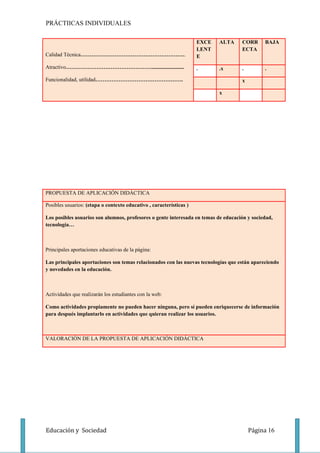 PRÁCTIICAS INDIVIDUALES

                                                                     EXCE   ALTA    CORR      BAJA
                                                                     LENT           ECTA
Calidad Técnica…………………………………………………..                                 E

Atractivo…………………………………………........................                    .      .x      .         .

Funcionalidad, utilidad………………………………………….                                            x

                                                                            x




PROPUESTA DE APLICACIÓN DIDÁCTICA

Posibles usuarios: (etapa o contexto educativo , características )

Los posibles usuarios son alumnos, profesores o gente interesada en temas de educación y sociedad,
tecnología…



Principales aportaciones educativas de la página:

Las principales aportaciones son temas relacionados con las nuevas tecnologías que están apareciendo
y novedades en la educación.



Actividades que realizarán los estudiantes con la web:

Como actividades propiamente no pueden hacer ninguna, pero sí pueden enriquecerse de información
para después implantarlo en actividades que quieran realizar los usuarios.



VALORACIÓN DE LA PROPUESTA DE APLICACIÓN DIDÁCTICA




Educación y Sociedad                                                                    Página 16
 