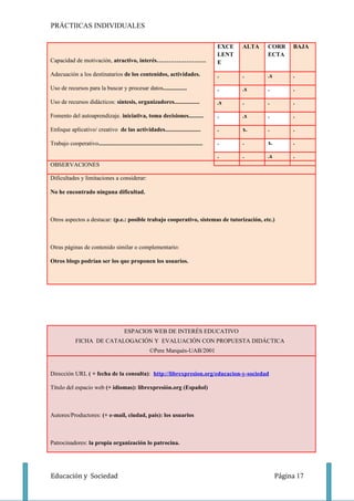 PRÁCTIICAS INDIVIDUALES

                                                                                            EXCE   ALTA   CORR      BAJA
                                                                                            LENT          ECTA
Capacidad de motivación, atractivo, interés…………………….                                        E

Adecuación a los destinatarios de los contenidos, actividades.                              .      .      .x        .

Uso de recursos para la buscar y procesar datos................                             .      .x     .         .

Uso de recursos didácticos: síntesis, organizadores.................                        .x     .      .         .

Fomento del autoaprendizaje. iniciativa, toma decisiones..........                          .      .x     .         .

Enfoque aplicativo/ creativo de las actividades........................                     .      x.     .         .

Trabajo cooperativo......................................................................   .      .      x.        .

                                                                                            .      .      .x        .
OBSERVACIONES

Dificultades y limitaciones a considerar:

No he encontrado ninguna dificultad.



Otros aspectos a destacar: (p.e.: posible trabajo cooperativo, sistemas de tutorización, etc.)



Otras páginas de contenido similar o complementario:

Otros blogs podrían ser los que proponen los usuarios.




                                           ESPACIOS WEB DE INTERÉS EDUCATIVO
              FICHA DE CATALOGACIÓN Y EVALUACIÓN CON PROPUESTA DIDÁCTICA
                                                         ©Pere Marquès-UAB/2001


Dirección URL ( + fecha de la consulta): http://librexpresion.org/educacion-y-sociedad

Título del espacio web (+ idiomas): librexpresión.org (Español)



Autores/Productores: (+ e-mail, ciudad, país): los usuarios



Patrocinadores: la propia organización lo patrocina.




Educación y Sociedad                                                                                           Página 17
 