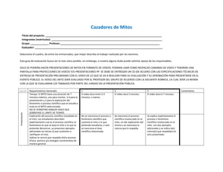 Cazadores de Mitos
      Título del proyecto: ___________________________________________________________________________________
      Integrantes (matrículas): _______________________________________________________________________________
      Grupo: _____________ Profesor:_______________________________________________________________________
      Evaluador: ___________________________________________________________________________________________

Seleccione el cuadro, de entre los enmarcados, que mejor describa el trabajo realizado por los alumnos.

Esta guía de evaluación busca ser lo más clara posible, sin embargo, si tuviera alguna duda puede solicitar apoyo de los responsables.

SOLO SE PODRÁN HACER PRESENTACIONES DE MITOS EN FORMATO DE VIDEOS. PODRAN USAR COMO RESPALDO CAMARAS DE VIDEO Y TENDRÁN UNA
PANTALLA PARA PROYECCIONES DE VIDEOS Y/O PRESENTACIONES PP. SE DEBE DE ENTREGAR UN CD (DE ACUERO CON LAS ESPECIFICACIONES TÉCNICAS DE
ENTREGA DE PRESENTACIÓN PRELIMINAR) CON EL VIDEO DE LO QUE SE VA A REALIZAR PARA SU EVALUACIÓN Y SU APROBACIÓN PARA PRESENTARSE EN EL
EVENTO PÚBLICO. EL VIDEO DEL MITO SERÁ EVALUADO POR EL PROFESOR DEL GRUPO DE ACUERDO CON LA SIGUIENTE RÚBRICA, LA CUAL SERÁ LA MISMA
CON LA QUE SE EVALUARAN LOS TRABAJOS POR PARTE DEL JURADO EN LA PRESENTACIÓN PÚBLICA.

Sección        Requerimientos Generales                          1                             2                               3                               Comentarios
               Tiempo: El MITO tiene una duración de 7           El video dura entre 2-4       El video dura 5 minutos.        El video dura 6-7 minutos.
               minutos máximo, uno para montar, 3-4 para la      minutos, o menos.             .
               presentación y 2 para la explicación del
               fenómeno o proceso científico que se estudia o
               trata en el MITO seleccionado.
               NO SE PERMITIRÁ NINGÚN VIDEO QUE
               SOBREPASE EL LÍMITE DE TIEMPO.
Presentación




               Explicación del proceso científico estudiado en   No se menciona el proceso o   Se menciona el proceso          Se explica explícitamente el    .
               el mito: Los estudiantes describen                fenómeno científico que       científico involucrado en el    proceso o fenómeno
               explícitamente cual es el proceso científico (o   sustenta el mito o lo que     mito, sin dar explicación del   científico involucrado en el
               fenómeno) en que se basa el mito o lo que se      pretende estudiarse, o solo   mismo y se menciona la          mito con dos ejemplos
               pretende demostrar, se presentan ejemplos         se menciona el área           ciencia que lo respalda.        adicionales y se indica la(s)
               adicionales (al menos 2) que sustenten o          científica relacionada.                                       ciencia(s) que respalda(n) el
               clarifiquen el mito.                                                                                            acto presentado.
               Indican la ciencia que respalda dicho proceso
               (Física, química y/o biología) nombrándola de
               manera general.
 