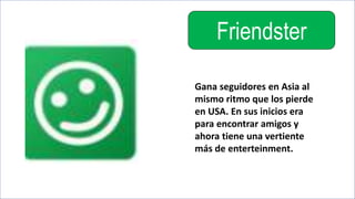 Friendster
Gana seguidores en Asia al
mismo ritmo que los pierde
en USA. En sus inicios era
para encontrar amigos y
ahora tiene una vertiente
más de enterteinment.
 