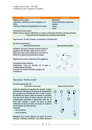 Candón Liñán Álvaro – GCAFD.
Fundamentos de los deportes II (Fútbol).
5
Título de la sesión: 2x0 Sesión nº 2
Objetivos de la sesión:
-Aprender a relacionarse entre el jugador y el
balón.
-Conducir el balón correctamente por el campo
Materiales:
-Porterías grandes y pequeñas.
-Balones
-Conos
-Petos
Contenido técnico-táctico:
Medios técnico-tácticos individuales en ataque: conducción del balón y manejo del balón.
Desarrollo de las situaciones de enseñanza-aprendizaje
Tipo de tarea: “El niño, el balón, el compañero y el adversario”.
Duración aproximada: 5’
Descripción de la tarea Representación gráfica
Dividimos al grupo en equipos de igual número, 6
jugadores, por ejemplo. Jugaremos un rondo y
habrá que evitar que los defensores nos roben el
balón en un espacio previamente acordado.
Objetivos de la tarea: Activación de los jugadores.
Contenidos técnico-tácticos:
Individuales: Toma de decisión en el pase y
arrebatamiento del balón.
Grupales: Circulación del balón y apoyo a los
compañeros.
Tipo de tarea: “El niño y el balón”
Duración aproximada: 10’
Descripción de la tarea Representación gráfica
Todos los jugadores se agrupan por parejas, y cogen
un balón por cada pareja. Se colocan los componentes
de la pareja, uno enfrente del otro, a unos 5 metros.
Se deberán de colocar todas las parejas en paralelo.
Tras dar varios pases de forma correcta, uno de los
componentes comenzará a desplazarse cada vez un
poco más, siempre y cuando los pases se vayan
realizando de forma correcta. Los pases se realizarán
con el interior de ambas piernas.
Variantes:
− Con el exterior.
− Con el empeine.
Objetivos de la tarea: Ejecutar los pases de forma
correcta a distintas distancias, con ambas piernas y
 