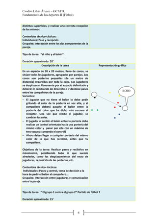 Candón Liñán Álvaro – GCAFD.
Fundamentos de los deportes II (Fútbol).
6
distintas superficies, y realizar una correcta recepción
de los mismos.
Contenidos técnico-tácticos:
Individuales: Pase y recepción
Grupales: Interacción entre los dos componentes de la
pareja.
Tipo de tarea: “el niño y el balón”.
Duración aproximada: 20’
Descripción de la tarea Representación gráfica
En un espacio de 30 x 20 metros, lleno de conos, se
sitúan todos los jugadores, agrupados por parejas. Los
conos son porterías pequeñas (de un metro de
distancia) repartidas por toda la zona. Los jugadores
se desplazaran libremente por el espacio delimitado y
deberán ir cambiando de dirección e ir dándose pases
entre los compañeros de la pareja.
Variantes:
− El jugador que no tiene el balón lo debe pedir
gritando el color de la portería en voz alta, y el
compañero deberá pasarle el balón entre la
portería del color que ha dicho más cercana al
receptor. Una vez que recibe el jugador, se
cambian los roles.
− El jugador al recibir el balón entre la portería debe
realizar un control orientado hacia una portería del
mismo color y pasar por ella con un máximo de
tres toques (contando el control)
− Ahora debes llegar a cualquier portería del mismo
color de la que has recibido, antes que tu
compañero.
Objetivos de la tarea: Realizar pases y recibirlos en
movimiento, percibiendo todo lo que sucede
alrededor, como los desplazamientos del resto de
jugadores, la posición de las porterías, etc.
Contenidos técnico- tácticos:
Individuales: Pases y control, toma de decisión a la
hora de pedir el balón al compañero...
Grupales: Interacción entre jugadores y comunicación
entre la pareja.
Tipo de tarea: “ El grupo 1 contra el grupo 2” Partido de fútbol 7
Duración aproximada: 15’
ROJO
 