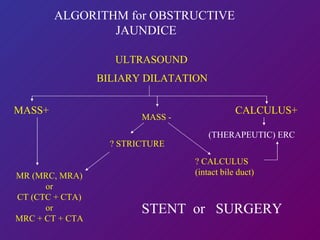 ALGORITHM for OBSTRUCTIVE  JAUNDICE ULTRASOUND BILIARY DILATATION MASS+   MR (MRC, MRA) or CT (CTC + CTA) or MRC + CT + CTA STENT  or  SURGERY ? STRICTURE ? CALCULUS (intact bile duct) (THERAPEUTIC) ERC CALCULUS+ MASS - 