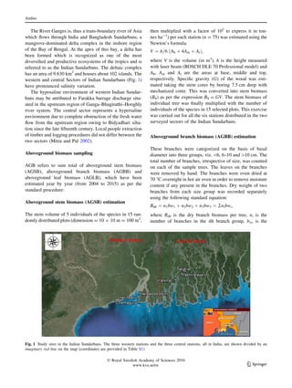 The River Ganges is, thus a trans-boundary river of Asia
which ﬂows through India and Bangladesh Sundarbans, a
mangrove-dominated delta complex in the inshore region
of the Bay of Bengal. At the apex of this bay, a delta has
been formed which is recognized as one of the most
diversiﬁed and productive ecosystems of the tropics and is
referred to as the Indian Sundarbans. The deltaic complex
has an area of 9.630 km2
and houses about 102 islands. The
western and central Sectors of Indian Sundarbans (Fig. 1)
have pronounced salinity variation.
The hyposaline environment of western Indian Sundar-
bans may be attributed to Farakka barrage discharge situ-
ated in the upstream region of Ganga–Bhagirathi–Hooghly
river system. The central sector represents a hypersaline
environment due to complete obstruction of the fresh water
ﬂow from the upstream region owing to Bidyadhari silta-
tion since the late ﬁfteenth century. Local people extraction
of timber and logging procedures did not differ between the
two sectors (Mitra and Pal 2002).
Aboveground biomass sampling
AGB refers to sum total of aboveground stem biomass
(AGSB), aboveground branch biomass (AGBB) and
aboveground leaf biomass (AGLB), which have been
estimated year by year (from 2004 to 2015) as per the
standard procedure:
Aboveground stem biomass (AGSB) estimation
The stem volume of 5 individuals of the species in 15 ran-
domly distributed plots (dimension = 10 9 10 m = 100 m2
,
then multiplied with a factor of 102
to express it in ton-
nes ha-1
) per each station (n = 75) was estimated using the
Newton’s formula:
V ¼ h=6 ðAb þ 4Am þ AtÞ;
where V is the volume (in m3
), h is the height measured
with laser beam (BOSCH DLE 70 Professional model) and
Ab, Am and At are the areas at base, middle and top,
respectively. Speciﬁc gravity (G) of the wood was esti-
mated taking the stem cores by boring 7.5 cm deep with
mechanized corer. This was converted into stem biomass
(BS) as per the expression BS = GV. The stem biomass of
individual tree was ﬁnally multiplied with the number of
individuals of the species in 15 selected plots. This exercise
was carried out for all the six stations distributed in the two
surveyed sectors of the Indian Sundarbans.
Aboveground branch biomass (AGBB) estimation
These branches were categorized on the basis of basal
diameter into three groups, viz.6, 6–10 and[10 cm. The
total number of branches, irrespective of size, was counted
on each of the sample trees. The leaves on the branches
were removed by hand. The branches were oven dried at
70 °C overnight in hot air oven in order to remove moisture
content if any present in the branches. Dry weight of two
branches from each size group was recorded separately
using the following standard equation:
Bdb ¼ n1bw1 þ n2bw2 þ n3bw3 ¼ Rnibwi;
where Bdb is the dry branch biomass per tree, ni is the
number of branches in the ith branch group, bwi is the
Fig. 1 Study sites in the Indian Sundarbans. The three western stations and the three central stations, all in India, are shown divided by an
imaginary red line on the map (coordinates are provided in Table S1)
Ambio
Ó Royal Swedish Academy of Sciences 2016
www.kva.se/en 123
 