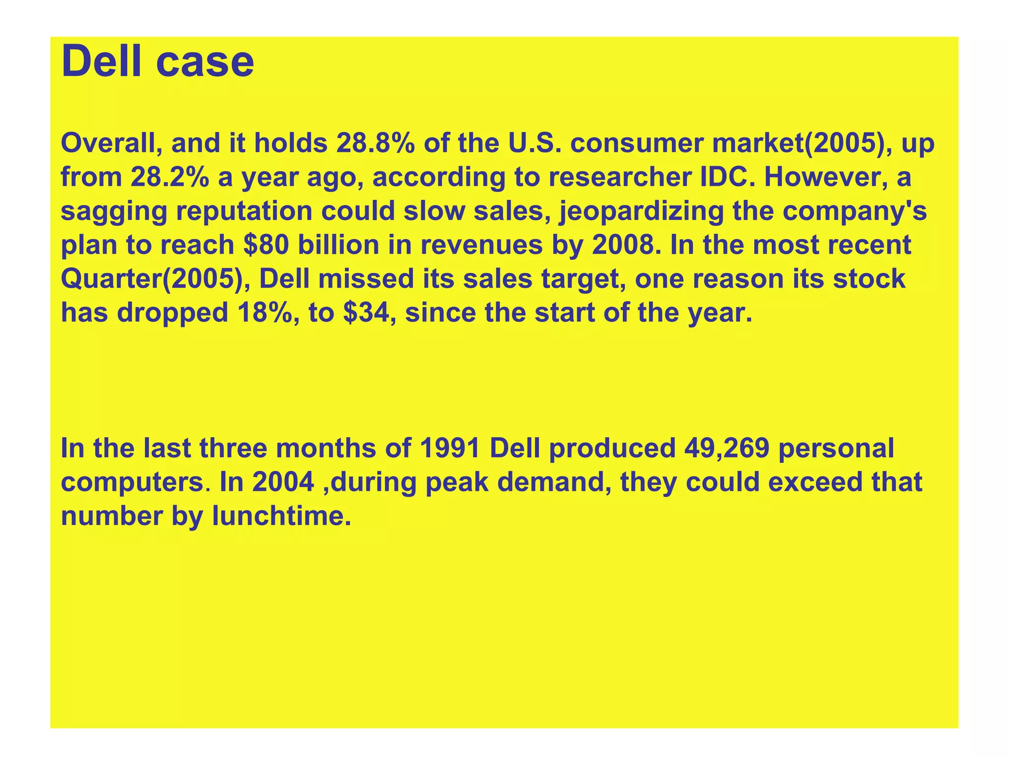 Dell case  Overall, and it holds 28.8% of the U.S. consumer market(2005), up  from 28.2% a year ago, according to researcher IDC. However, a  sagging reputation could slow sales, jeopardizing the company's  plan to reach $80 billion in revenues by 2008. In the most recent  Quarter(2005), Dell missed its sales target, one reason its stock has dropped 18%, to $34, since the start of the year.   In the last three months of 1991 Dell produced 49,269 personal  computers .  In 2004 ,during peak demand, they could exceed that  number by lunchtime. 