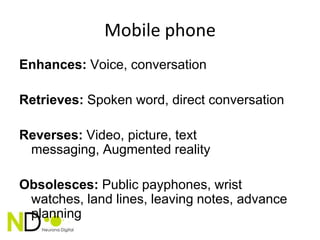 Mobile phone
Enhances: Voice, conversation

Retrieves: Spoken word, direct conversation

Reverses: Video, picture, text
 messaging, Augmented reality

Obsolesces: Public payphones, wrist
 watches, land lines, leaving notes, advance
 planning
 