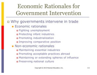 Copyright © 2015 Pearson Education, Inc. 6-1
Economic Rationales for
Government Intervention
p Why governments intervene in trade
n Economic rationales
p Fighting unemployment
p Protecting infant industries
p Promoting industrialization
p Improving comparative position
n Non-economic rationales
p Maintaining essential industries
p Promoting acceptable practices abroad
p Maintaining or extending spheres of influence
p Preserving national culture
 