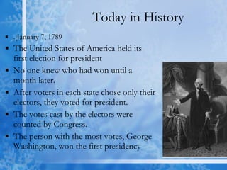 Today in History . January 7, 1789 The United States of America held its first election for president  No one knew who had won until a month later.  After voters in each state chose only their electors, they voted for president.  The votes cast by the electors were counted by Congress.  The person with the most votes, George Washington, won the first presidency  