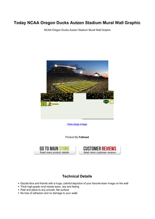 Today NCAA Oregon Ducks Autzen Stadium Mural Wall Graphic
NCAA Oregon Ducks Autzen Stadium Mural Wall Graphic
View large image
Product By Fathead
Technical Details
Dazzle fans and friends with a huge, colorful depiction of your favorite team image on the wall
Thick high-grade vinyl resists tears, rips and fading
Peel and place to any smooth, flat surface
No loss of adhesion and no damage to your walls
 
