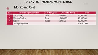 9. ENVIRONMENTAL MONITORING 4/2/2023
Birat Veneer and Ply Pvt. ltd.
65 Monitoring Cost
S.N. Monitoring Parameter Lab test/year Unit Rate (NRs.) Total
1 Air Quality One 50,000.00 50,000.00
3 Water Quality Four 10,000.00 40,000.00
4 Noise Twice 5,000.00 10,000.00
Total yearly cost 100,000.00
 