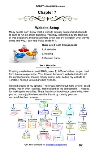 TODAY’s Multi-Millionaires
82
Get Your Website At IncomeActivator.com
Chapter 7
.
……… Website Setup
Many people don’t know what a website actually costs and what needs
to done to run an online business. You may feel baffled by the tech talk
of web designers and programmers when they try to explain what they're
doing and why. I can help make sense of it.
There are 3 Cost Components
1. A Website
2. Hosting
3. Domain Name
.
. Your Website
Creating a website can cost $100s, even $1,000s of dollars, as you read
from Jimmy’s experience. Your Income Activator’s website includes all
the components for making money online. After selling my website to
Torstar, I needed to build another website.
I looked around at my options. There was nothing out there where I could
simply type in what I wanted, that included all the components I needed
for making money online. That’s how Income Activator came to be. Now
you too can enjoy the freedom that I have by running your own
successful online business.
.
.
 