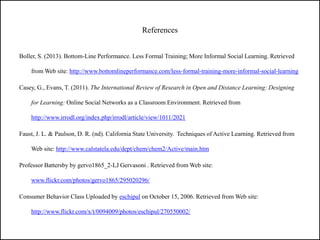 References


Boller, S. (2013). Bottom-Line Performance. Less Formal Training; More Informal Social Learning. Retrieved

    from Web site: http://www.bottomlineperformance.com/less-formal-training-more-informal-social-learning

Casey, G., Evans, T. (2011). The International Review of Research in Open and Distance Learning: Designing

    for Learning: Online Social Networks as a Classroom Environment. Retrieved from

    http://www.irrodl.org/index.php/irrodl/article/view/1011/2021

Faust, J. L. & Paulson, D. R. (nd). California State University. Techniques of Active Learning. Retrieved from

    Web site: http://www.calstatela.edu/dept/chem/chem2/Active/main.htm

Professor Battersby by gervo1865_2-LJ Gervasoni . Retrieved from Web site:

    www.flickr.com/photos/gervo1865/295020296/

Consumer Behavior Class Uploaded by eschipul on October 15, 2006. Retrieved from Web site:

    http://www.flickr.com/x/t/0094009/photos/eschipul/270550002/
 