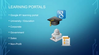LEARNING PORTALS
• Google #1 learning portal
• University / Education
• Corporate
• Government
• Sales
• Non-Profit
 