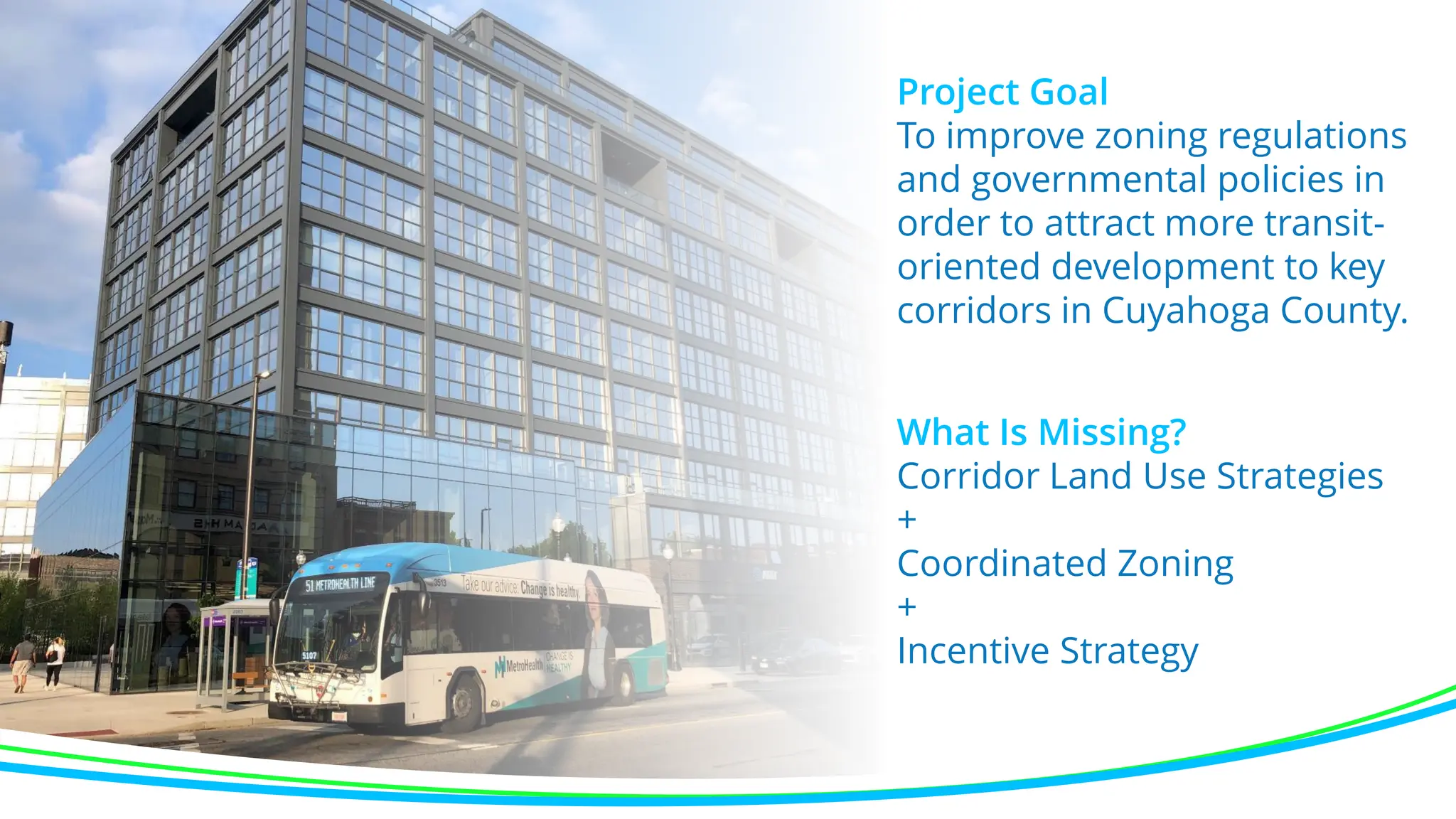 Project Goal
To improve zoning regulations
and governmental policies in
order to attract more transit-
oriented development to key
corridors in Cuyahoga County.
What Is Missing?
Corridor Land Use Strategies
+
Coordinated Zoning
+
Incentive Strategy
 