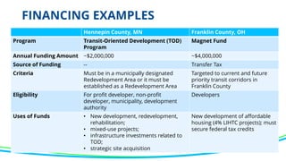 FINANCING EXAMPLES
Hennepin County, MN Franklin County, OH
Program Transit-Oriented Development (TOD)
Program
Magnet Fund
Annual Funding Amount ~$2,000,000 ~$4,000,000
Source of Funding -- Transfer Tax
Criteria Must be in a municipally designated
Redevelopment Area or it must be
established as a Redevelopment Area
Targeted to current and future
priority transit corridors in
Franklin County
Eligibility For profit developer, non-profit
developer, municipality, development
authority
Developers
Uses of Funds • New development, redevelopment,
rehabilitation;
• mixed-use projects;
• infrastructure investments related to
TOD;
• strategic site acquisition
New development of affordable
housing (4% LIHTC projects); must
secure federal tax credits
 