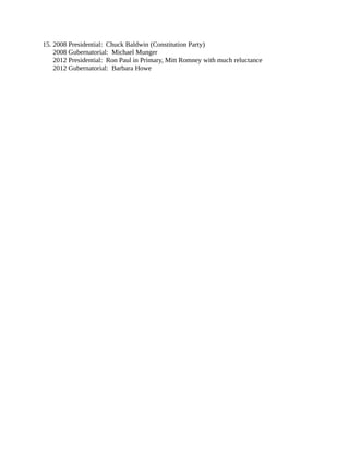 15. 2008 Presidential: Chuck Baldwin (Constitution Party)
2008 Gubernatorial: Michael Munger
2012 Presidential: Ron Paul in Primary, Mitt Romney with much reluctance
2012 Gubernatorial: Barbara Howe
 