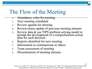 The Flow of the Meeting Attendance, roles for meeting Next meeting scheduled Review agenda for meeting Review/status update of previous meeting minutes  Review data & use TIPS problem solving model to prompt the development of a comprehension action plan for each decision Reports identified for next meeting Information to communicate to others Team assessment of meeting  Dissemination of meeting minutes Newton, J. S., Todd, A. W., Algozzine, K., Horner, R. H., & Algozzine, B.  (2009). The Team Initiated Problem Solving (TIPS) Training Manual.  Educational and Community Supports, University of Oregon.  Unpublished training manual. 