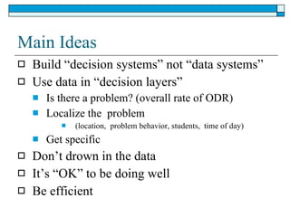 Main Ideas Build “decision systems” not “data systems” Use data in “decision layers” Is there a problem? (overall rate of ODR) Localize the  problem  (location,  problem behavior, students,  time of day)  Get specific Don’t drown in the data It’s “OK” to be doing well Be efficient 