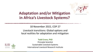 Better lives through livestock
Adaptation and/or Mitigation
in Africa’s Livestock Systems?
10 November 2022, COP 27
Livestock transitions: Global options and
local realities for adaptation and mitigation
Todd Crane, PhD
Principle Scientist
Sustainable Livestock Systems
International Livestock Research Institute
 