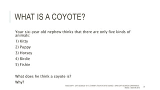 WHAT IS A COYOTE?
Your six-year old nephew thinks that there are only five kinds of
animals:
1) Kitty
2) Puppy
3) Horsey
4) Birdie
5) Fishie
What does he think a coyote is?
Why?
TODD CIOFFI - DATA SCIENCE 101: A LAYMAN’S TOUR OF DATA SCIENCE - OPEN DATA SCIENCE CONFERENCE -
#ODSC - BOSTON 2015
20
 