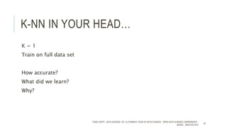 K-NN IN YOUR HEAD…
K = 1
Train on full data set
How accurate?
What did we learn?
Why?
TODD CIOFFI - DATA SCIENCE 101: A LAYMAN’S TOUR OF DATA SCIENCE - OPEN DATA SCIENCE CONFERENCE -
#ODSC - BOSTON 2015
24
 