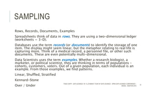 SAMPLING
Rows, Records, Documents, Examples
Spreadsheets think of data in rows. They are using a two-dimensional ledger
(worksheets = 3-D).
Databases use the term records (or documents) to identify the storage of one
item. The display might seem linear, but the metaphor relating to real life is
capturing more. Think of a medical record, a personnel file, or other such
documents. These are even potentially multi-dimensional.
Data Scientists uses the term examples. Whether a research biologist, a
marketer, or political scientist, they are thinking in terms of populations –
cohorts, customers, voters. Out of a given population, each individual is an
example. From those examples, we find patterns.
Linear, Shuffled, Stratified
Kennard-Stone
Over / Under
TODD CIOFFI - DATA SCIENCE 101: A LAYMAN’S TOUR OF DATA SCIENCE - OPEN DATA SCIENCE CONFERENCE -
#ODSC - BOSTON 2015
37
 
