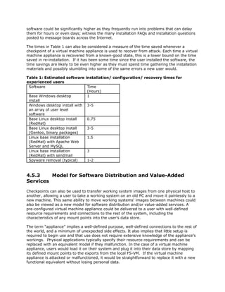 software could be significantly higher as they frequently run into problems that can delay
them for hours or even days; witness the many installation FAQs and installation questions
posted to message boards across the Internet.

The times in Table 1 can also be considered a measure of the time saved whenever a
checkpoint of a virtual machine appliance is used to recover from attack. Each time a virtual
machine appliance is recovered from a known-good state, this is a lower bound on the time
saved in re-installation. If it has been some time since the user installed the software, the
time savings are likely to be even higher as they must spend time gathering the installation
materials and possibly stumbling into some of the same errors a new user would.

Table 1: Estimated software installation/ configuration/ recovery times for
experienced users
 Software                     Time
                              (Hours)
 Base Windows desktop         1
 install
 Windows desktop install with 3-5
 an array of user level
 software
 Base Linux desktop install   0.75
 (RedHat)
 Base Linux desktop install   3-5
 (Gentoo, binary packages)
 Linux base installation      1.5
 (RedHat) with Apache Web
 Server and MySQL
 Linux base installation      3
 (RedHat) with sendmail
 Spyware removal (typical)    1-2



4.5.3    Model for Software Distribution and Value-Added
Services

Checkpoints can also be used to transfer working system images from one physical host to
another, allowing a user to take a working system on an old PC and move it painlessly to a
new machine. This same ability to move working systems' images between machines could
also be viewed as a new model for software distribution and/or value-added services. A
pre-configured virtual machine appliance could be delivered to a user with well-defined
resource requirements and connections to the rest of the system, including the
characteristics of any mount points into the user’s data store.

The term “appliance” implies a well-defined purpose, well-defined connections to the rest of
the world, and a minimum of unexpected side effects. It also implies that little setup is
required to begin use and that use does not require extensive knowledge of the appliance’s
workings. Physical applications typically specify their resource requirements and can be
replaced with an equivalent model if they malfunction. In the case of a virtual machine
appliance, users would load it on their system and plug it into their data store by mapping
its defined mount points to the exports from the local FS-VM. If the virtual machine
appliance is attacked or malfunctioned, it would be straightforward to replace it with a new
functional equivalent without losing personal data.
 